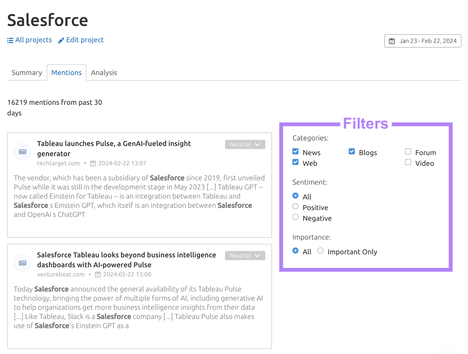 "Mentions" page in Media Monitoring tool, showing the selected filters