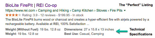 A screenshot of a picture perfect rich result listing from REI