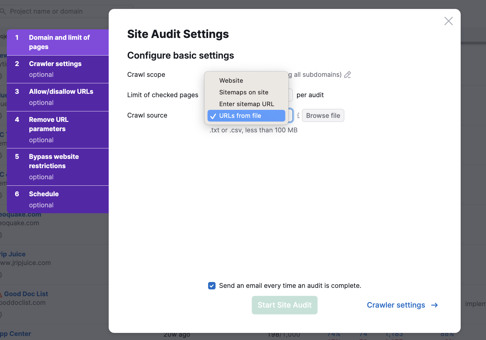 Semrush site audit settings