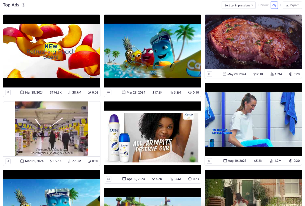 a tile view of the top video ads by Tesco