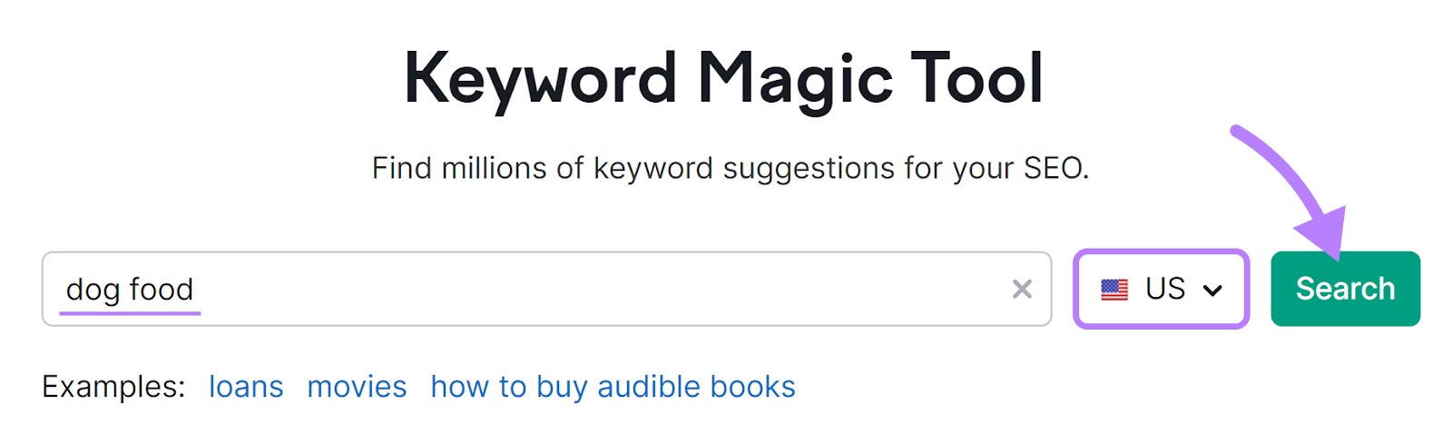 "dog food" entered into the Keyword Magic Tool search bar