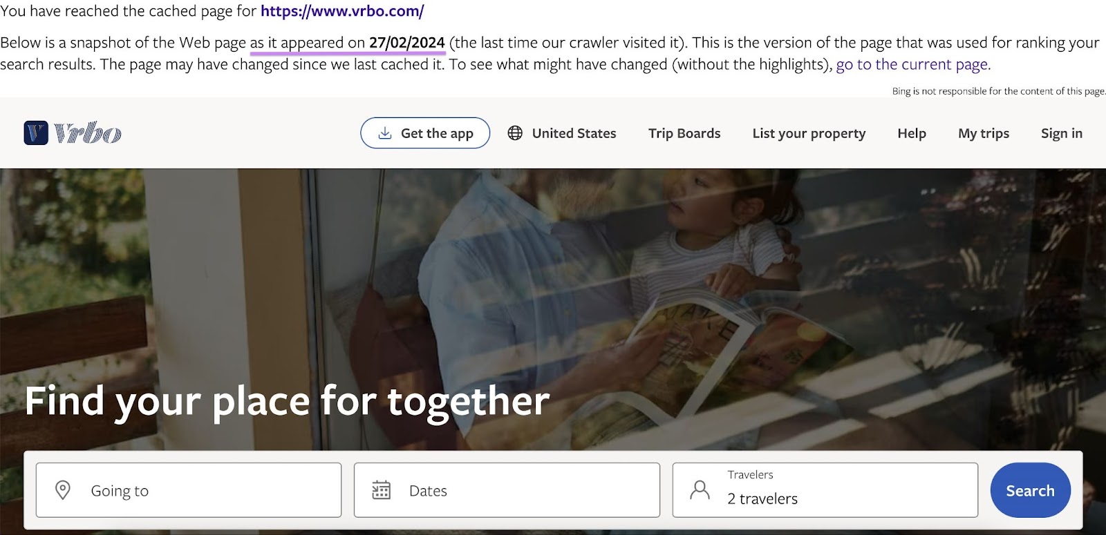 Bing’s cached version of Vrbo's page
