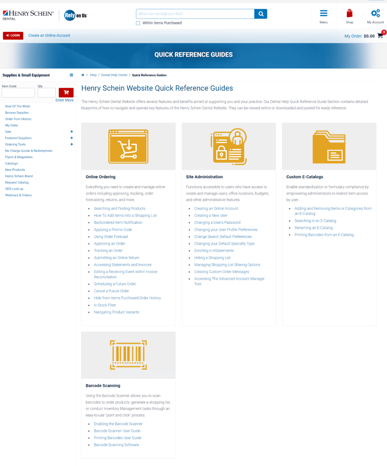 Henry Schein's "Quick reference guides" library page