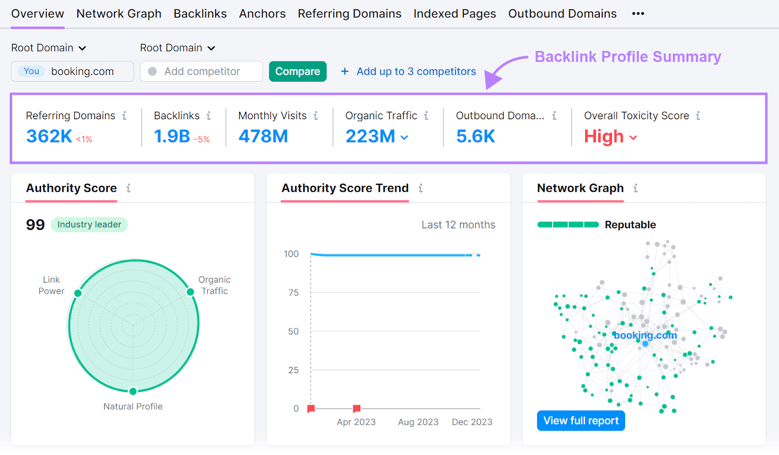 Backlink profile summary metrics highlighted in Backlink Analytics tool