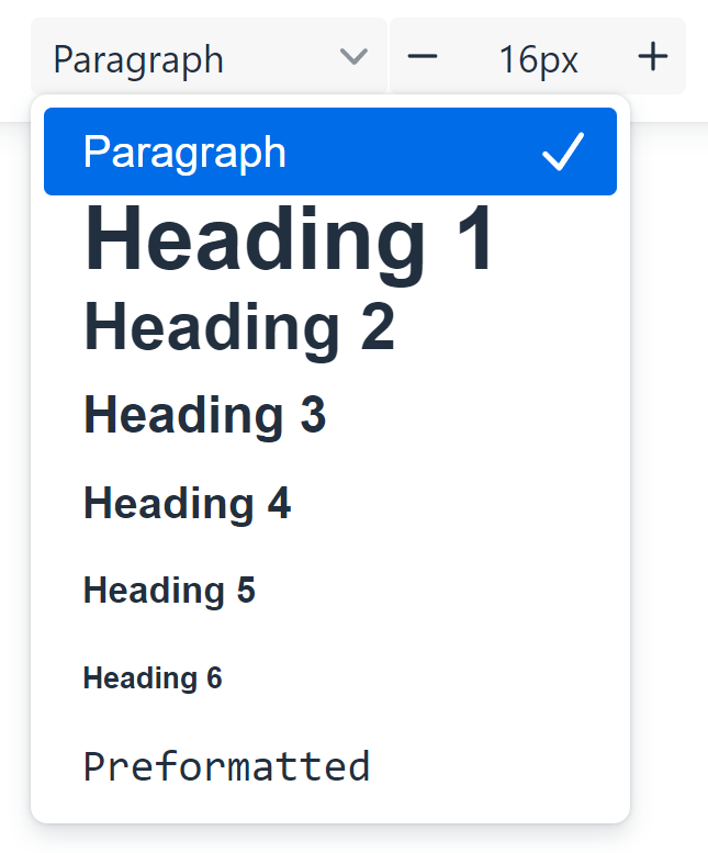 TinyMCE rich text editor heading tag selection dropdown menu.