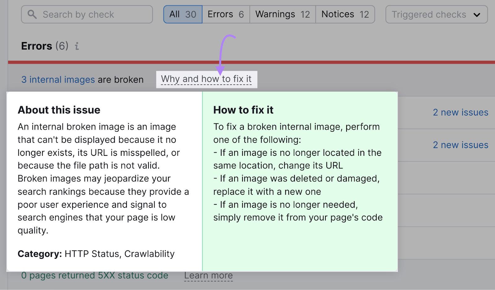 “Why and how to fix it” section in Site Audit tool