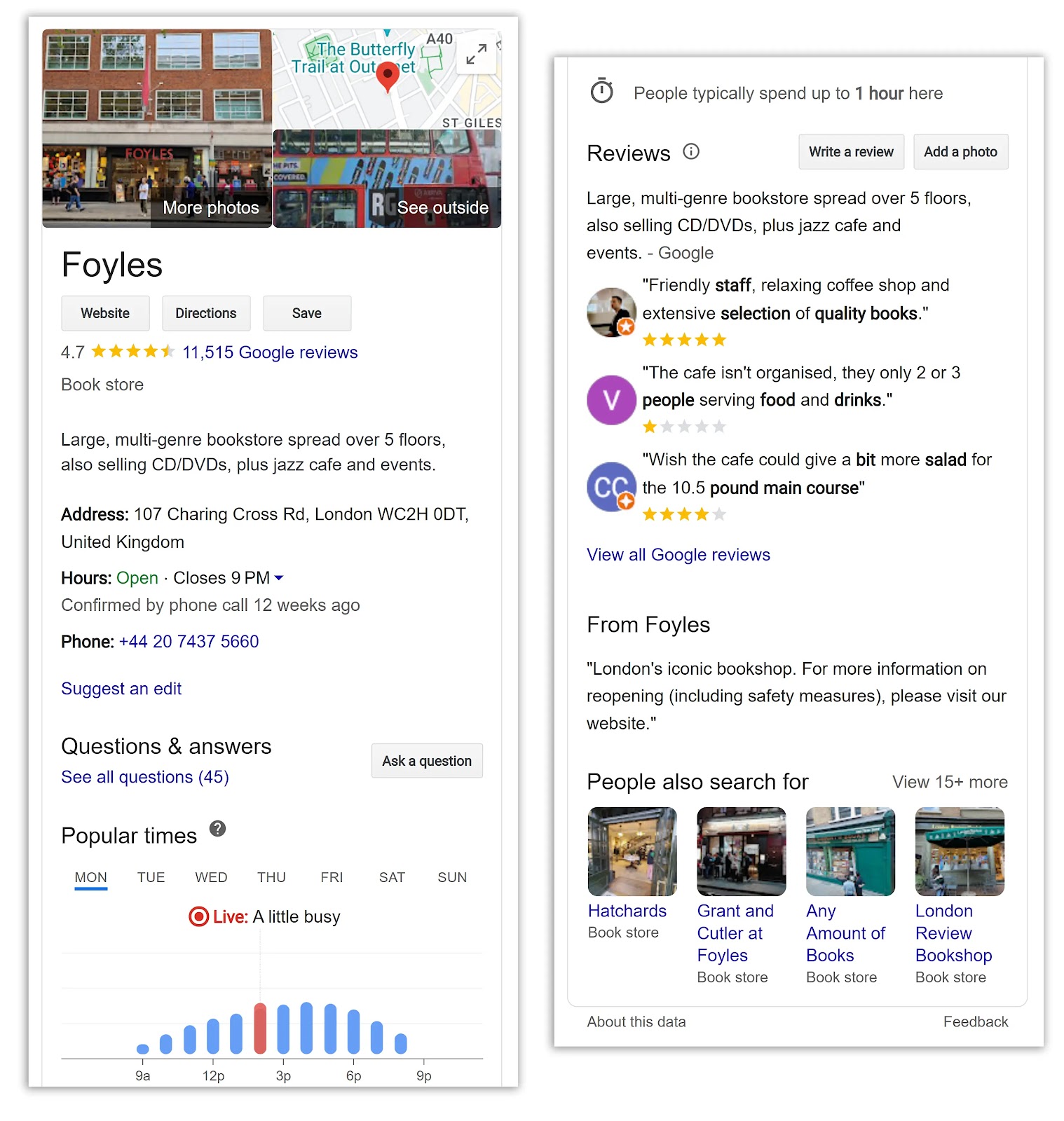 "Foyles" Google Business Profile showing the "Q&A", "Reviews", and "People also Search for" sections