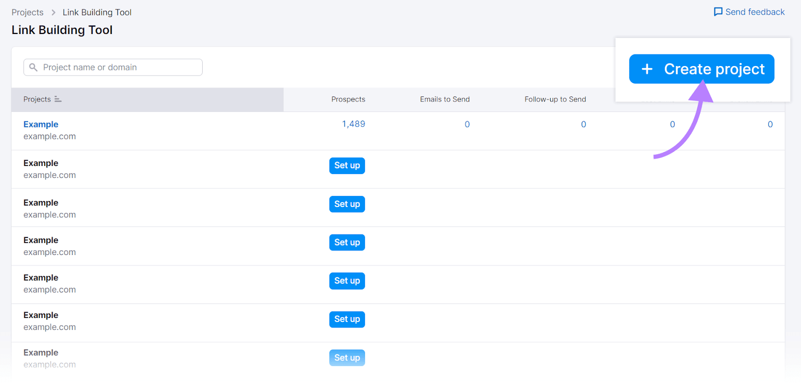 "Create project" button highlighted in Link Building Tool
