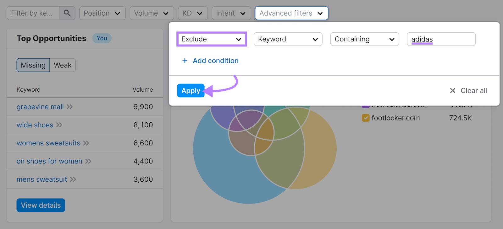 Advanced filters dropdown clicked and configured to exclude 'adidas' keyword