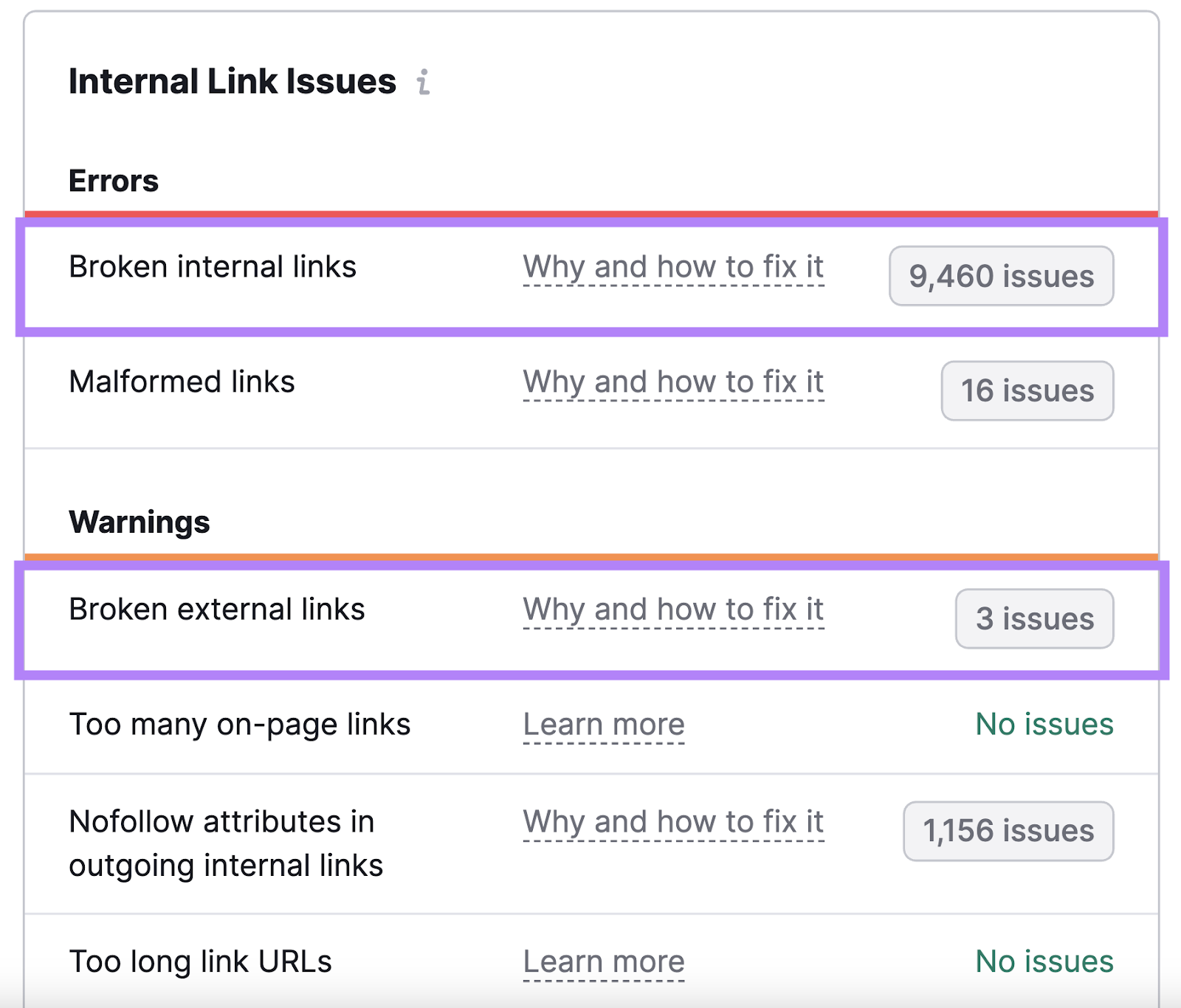 Internal link issues report