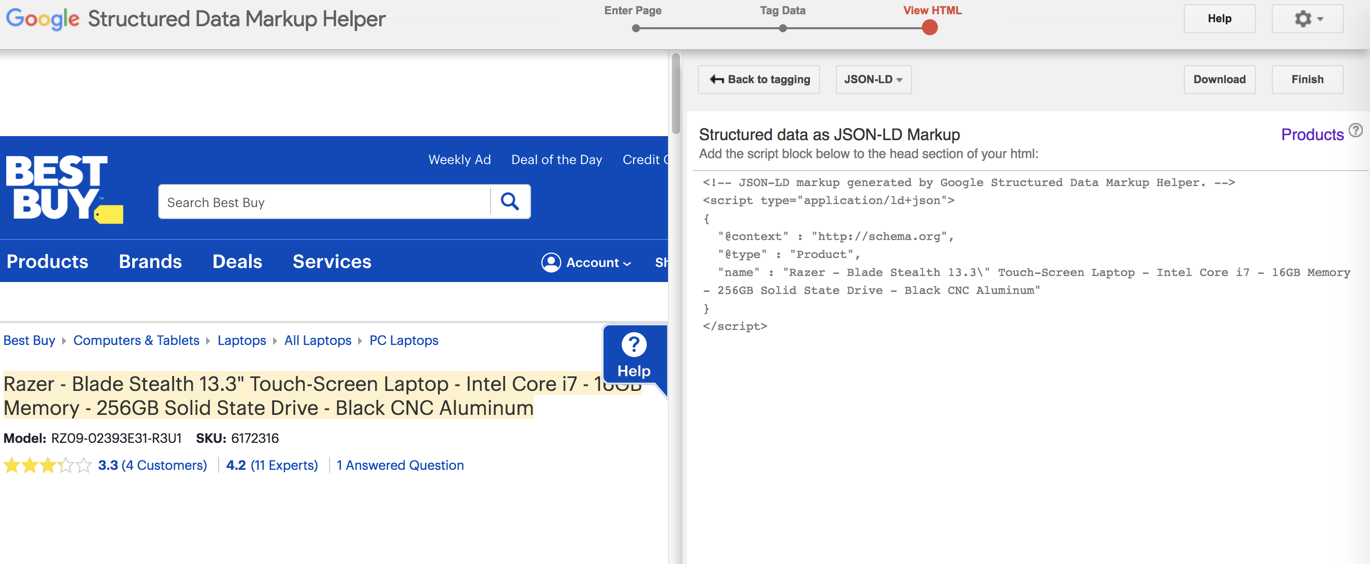 A screenshot of the output a user will see when inputing the URL for the Razer Blade Stealth laptop URL into the Google Structured Data Markup Helper tool