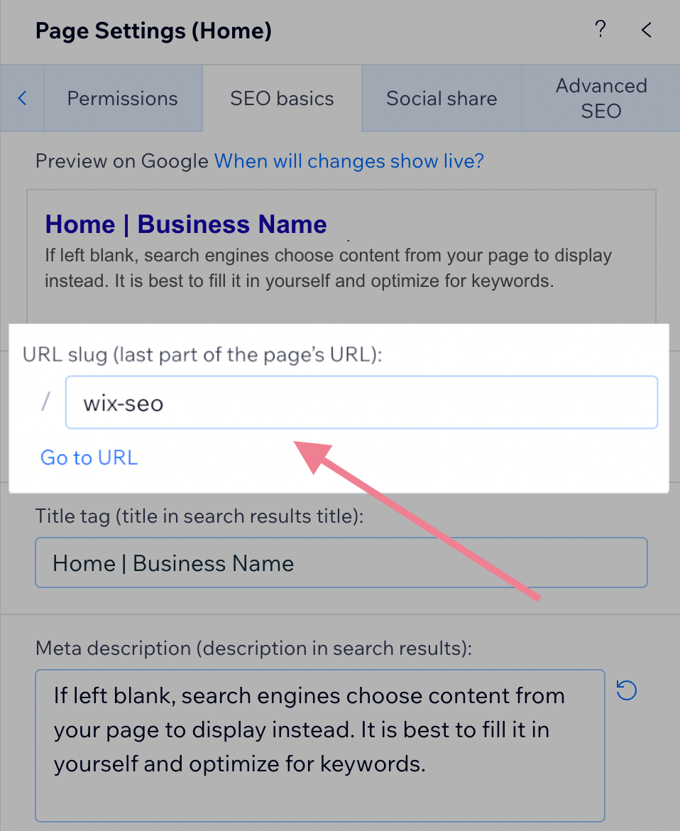 Edit URL slug in “SEO basics” settings in Wix