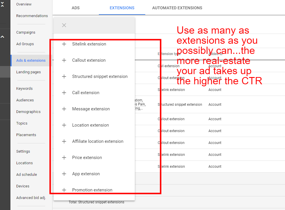 ad extension options