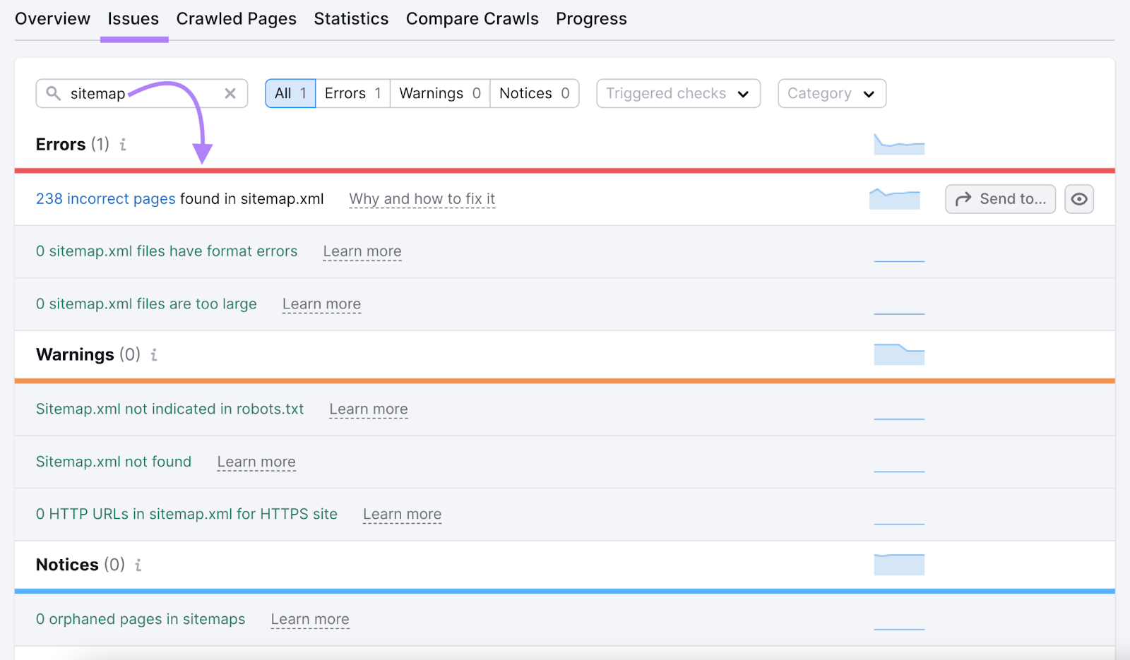 Site Audit Issues with "sitemap" entered in the search bar which shows "238 incorrect pages found in sitemap.xml"