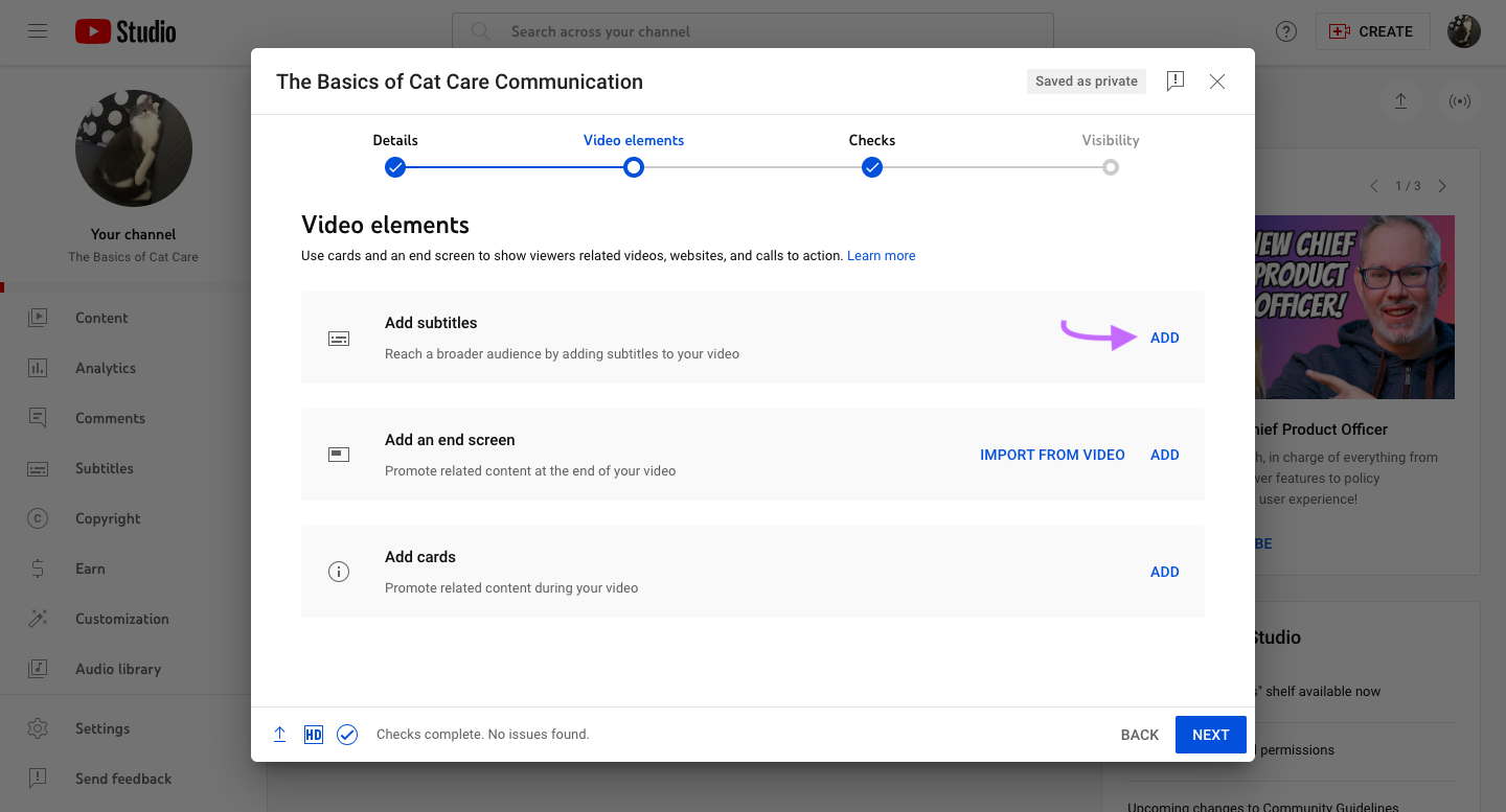 A screenshot of the video elements tab in the upload form in YouTube Studio.