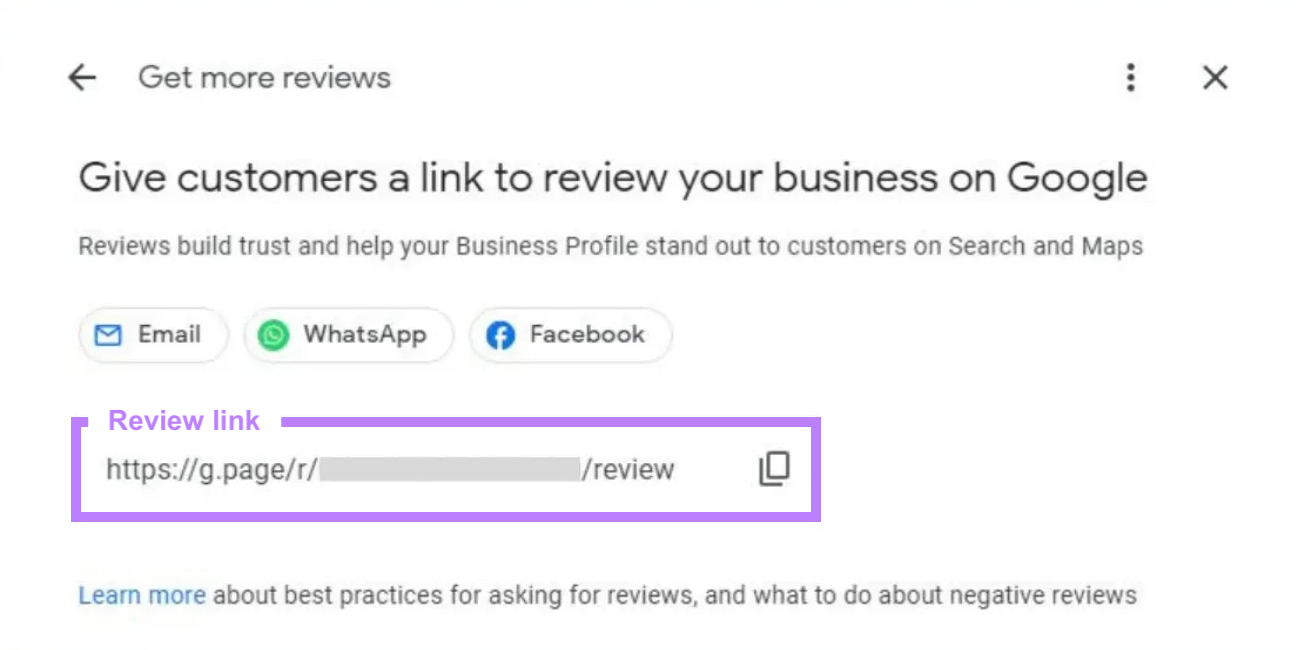 Google review link can be copied and sent via email, WhatsApp, and Facebook.