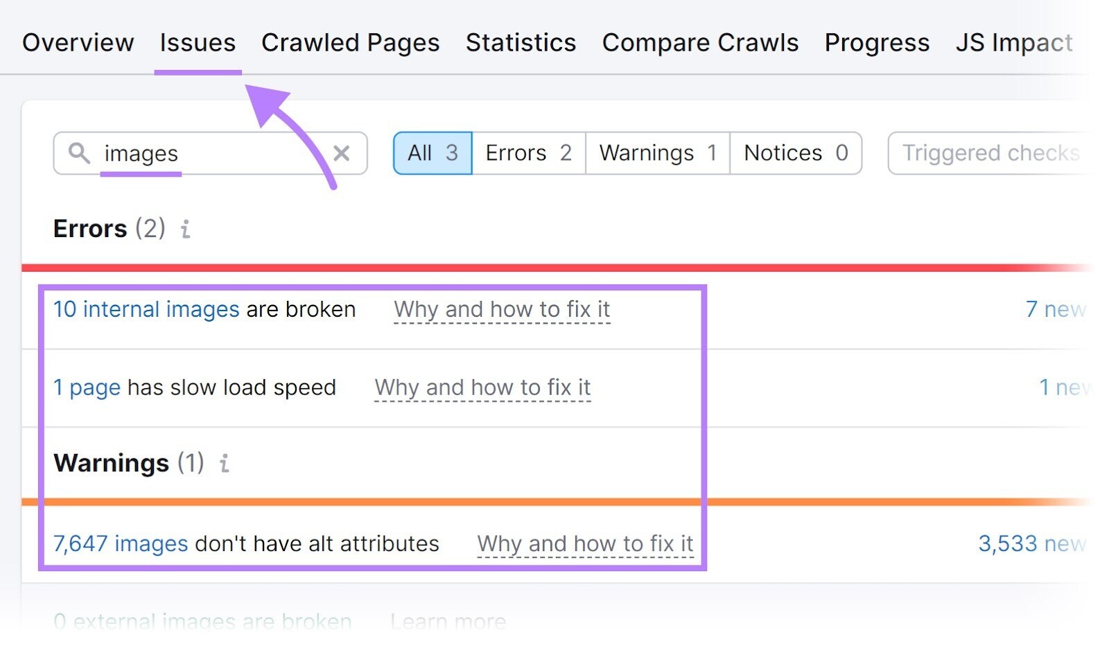 how to find missing alt attributes in Site Audit "Issues” tab