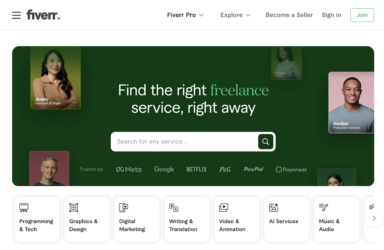 Fiver homepage allows you to search for freelance services in a search bar, including by category