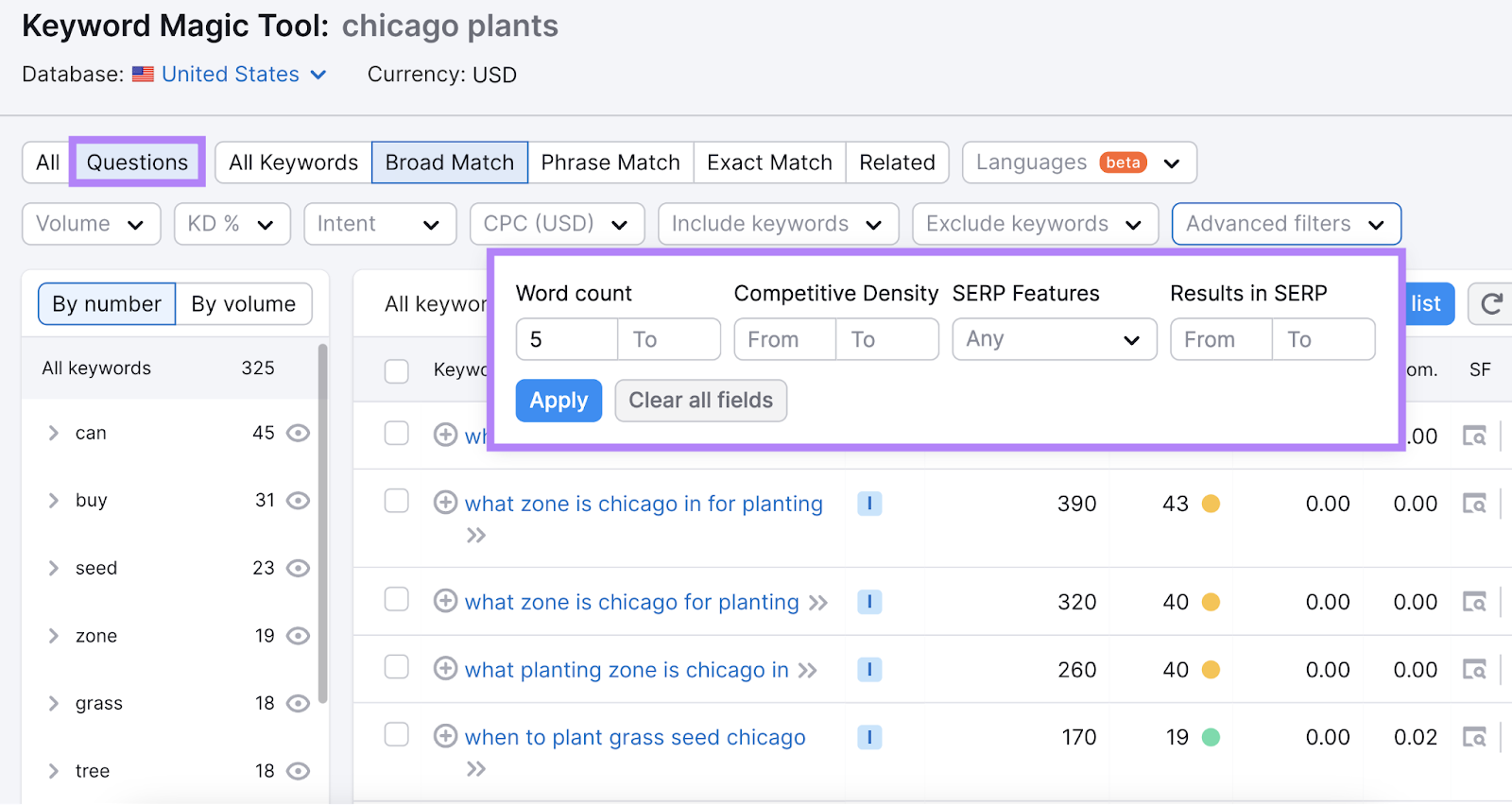 advanced filter in keyword magic tool with minimum word count set to 5