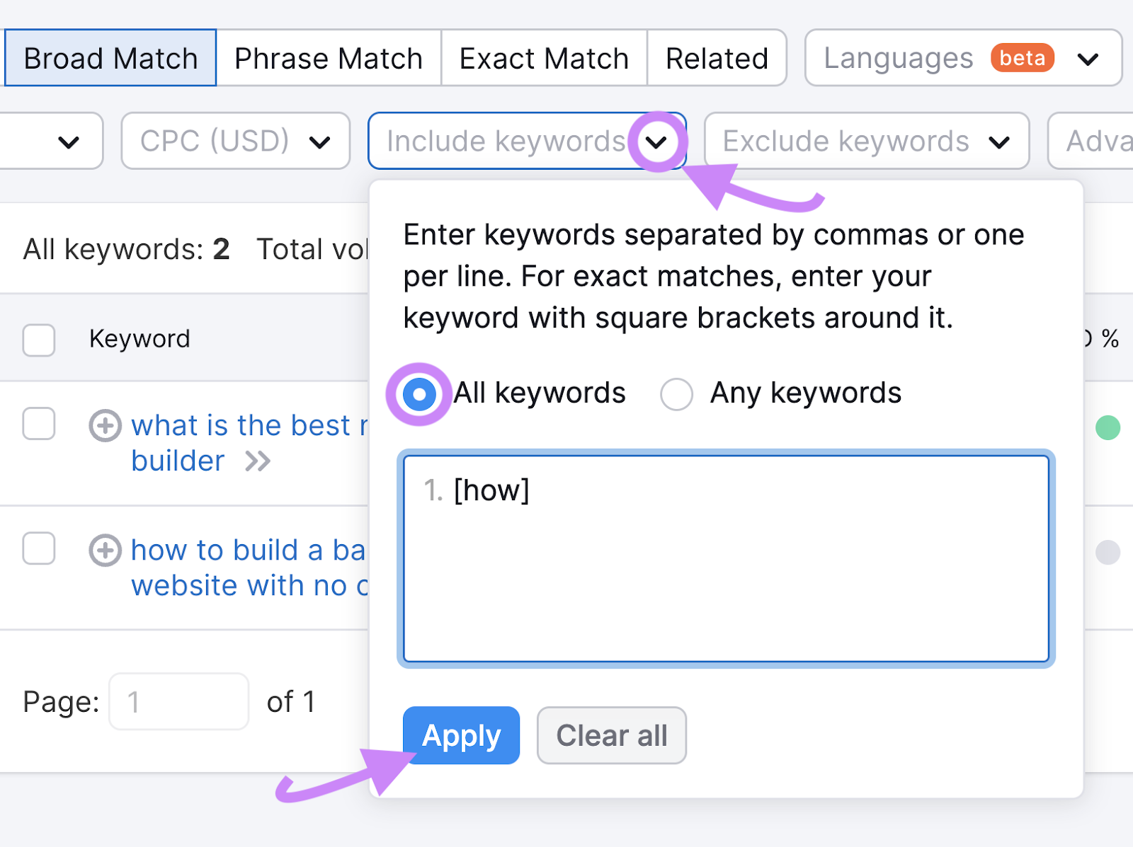 Using “Include Keywords" filter in Keyword Magic Tool