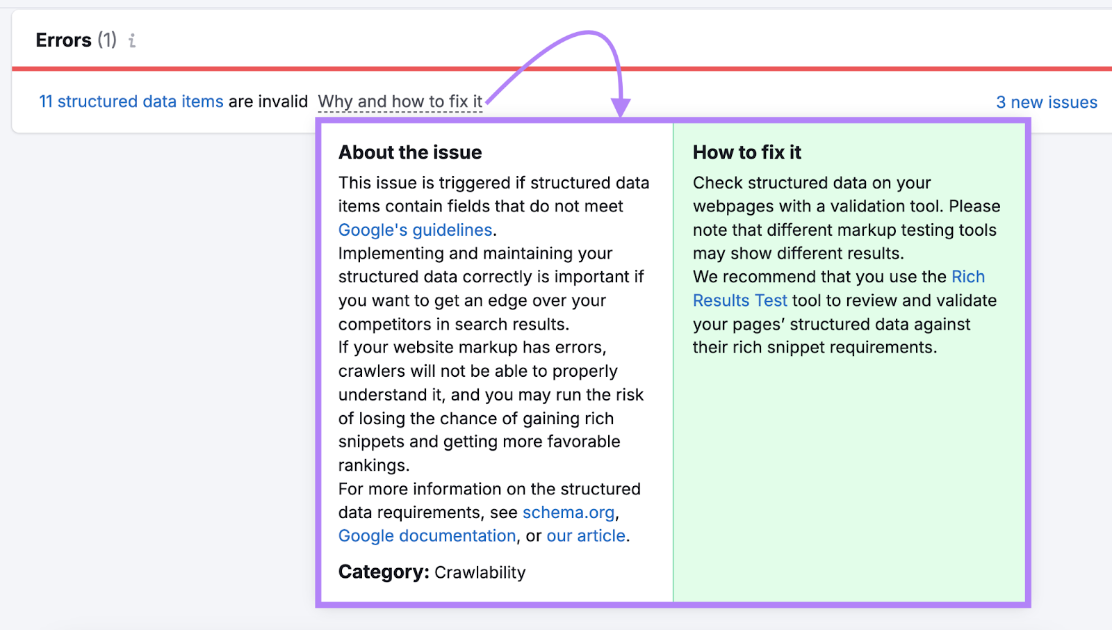 Site Audit describes the invalid structured data items issue and shares how to fix it.