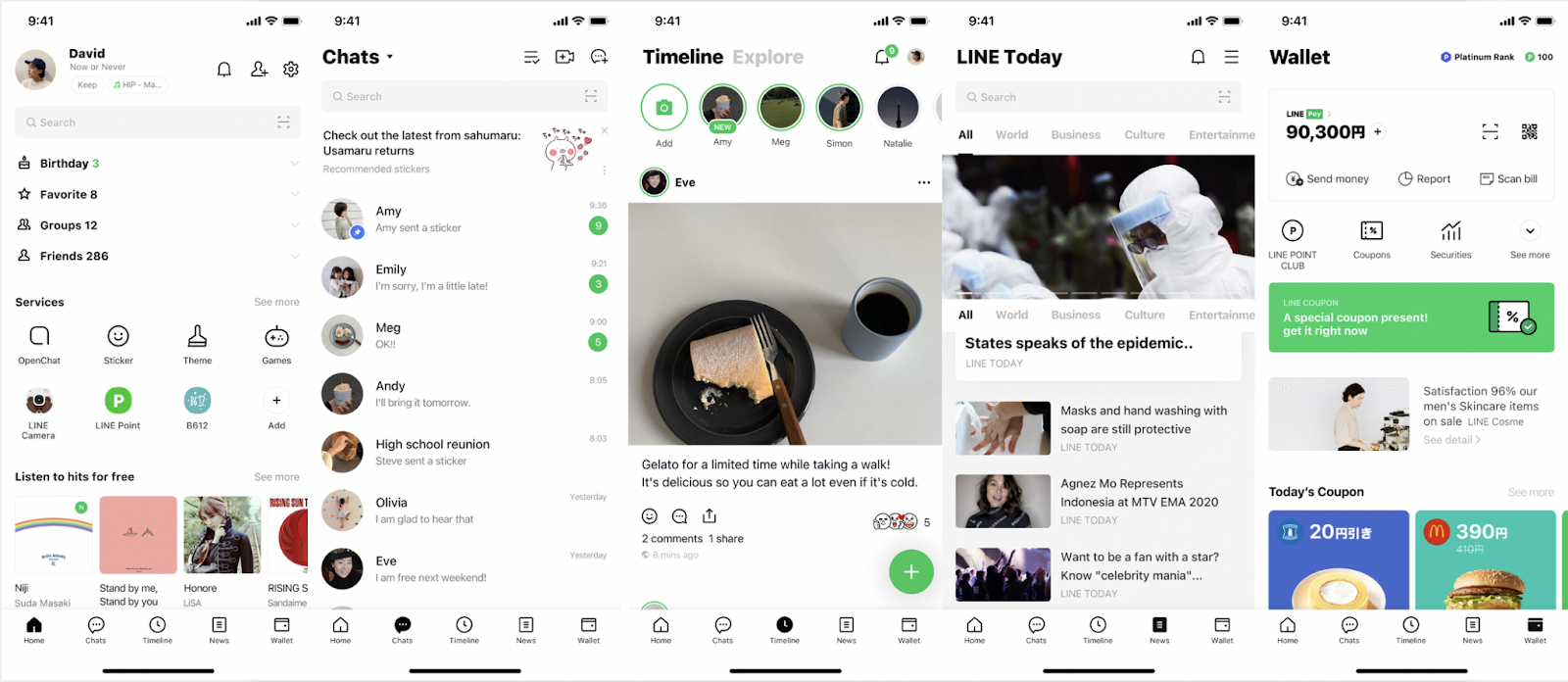 line's user interface with chat threads, posts on a timeline, and a wallet to track points within the app