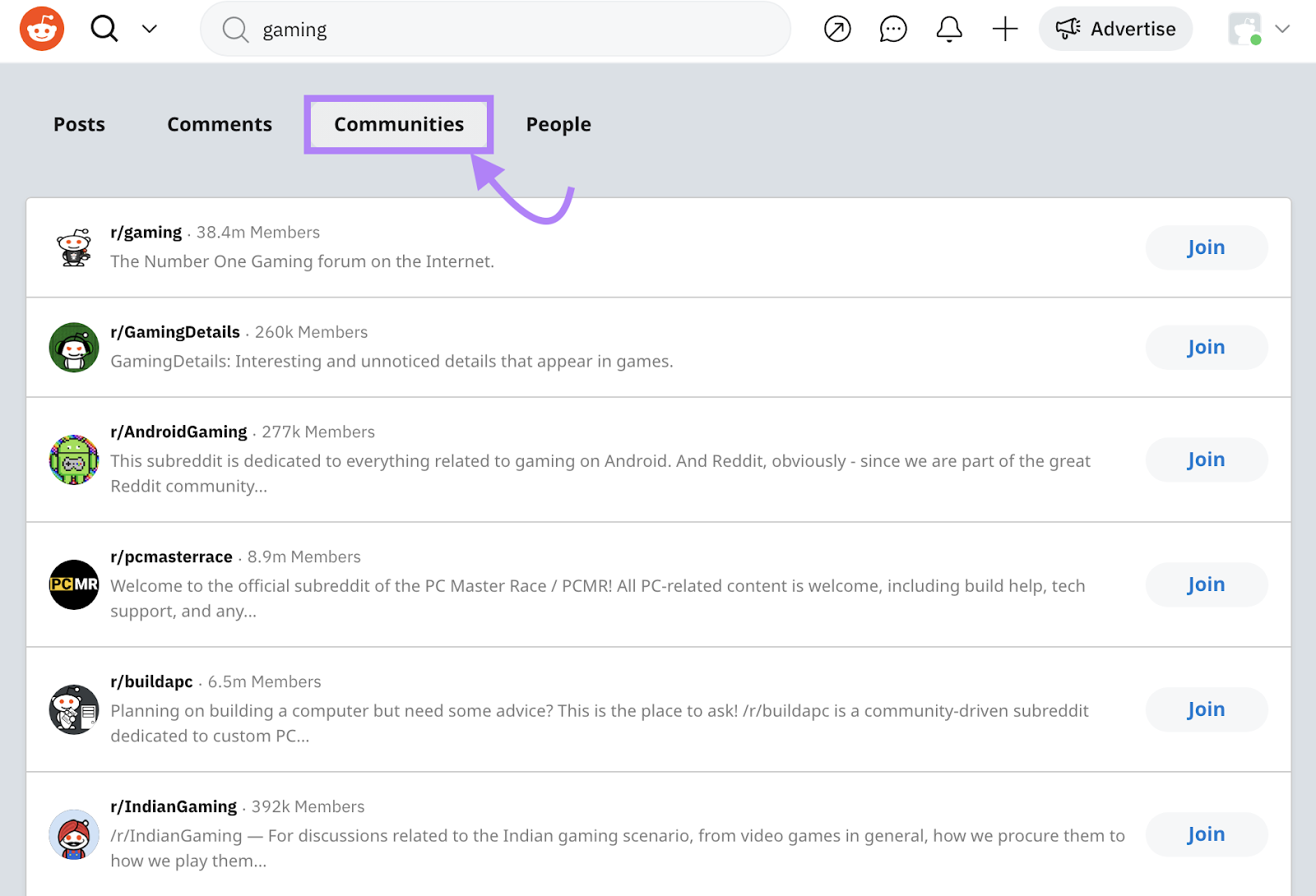 “Communities” tab for "gaming" on Reddit