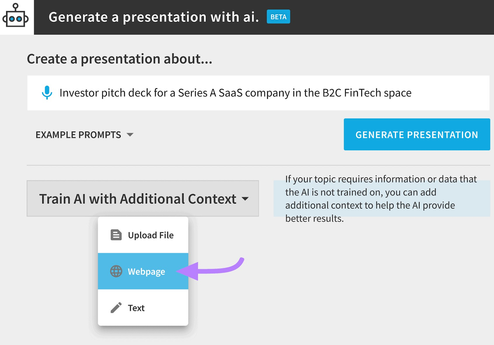 "Webpage" selected under “Train AI with Additional Content” drop-down menu