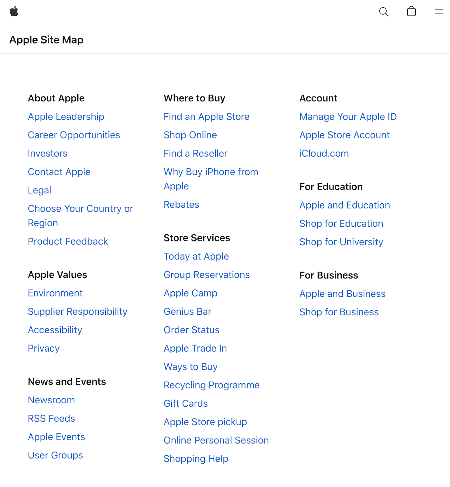 Apple’s HTML sitemap