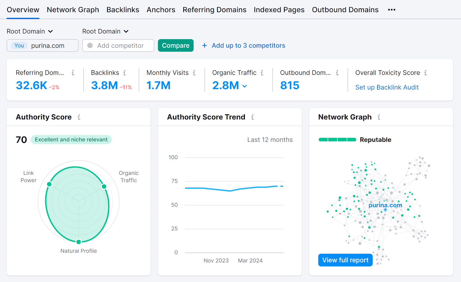 Backlinks Analytics Overview report showing backlink data and related metrics