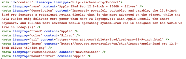 A screenshot of the code snippet that helps Google generate the rich result for the iPad Pro above