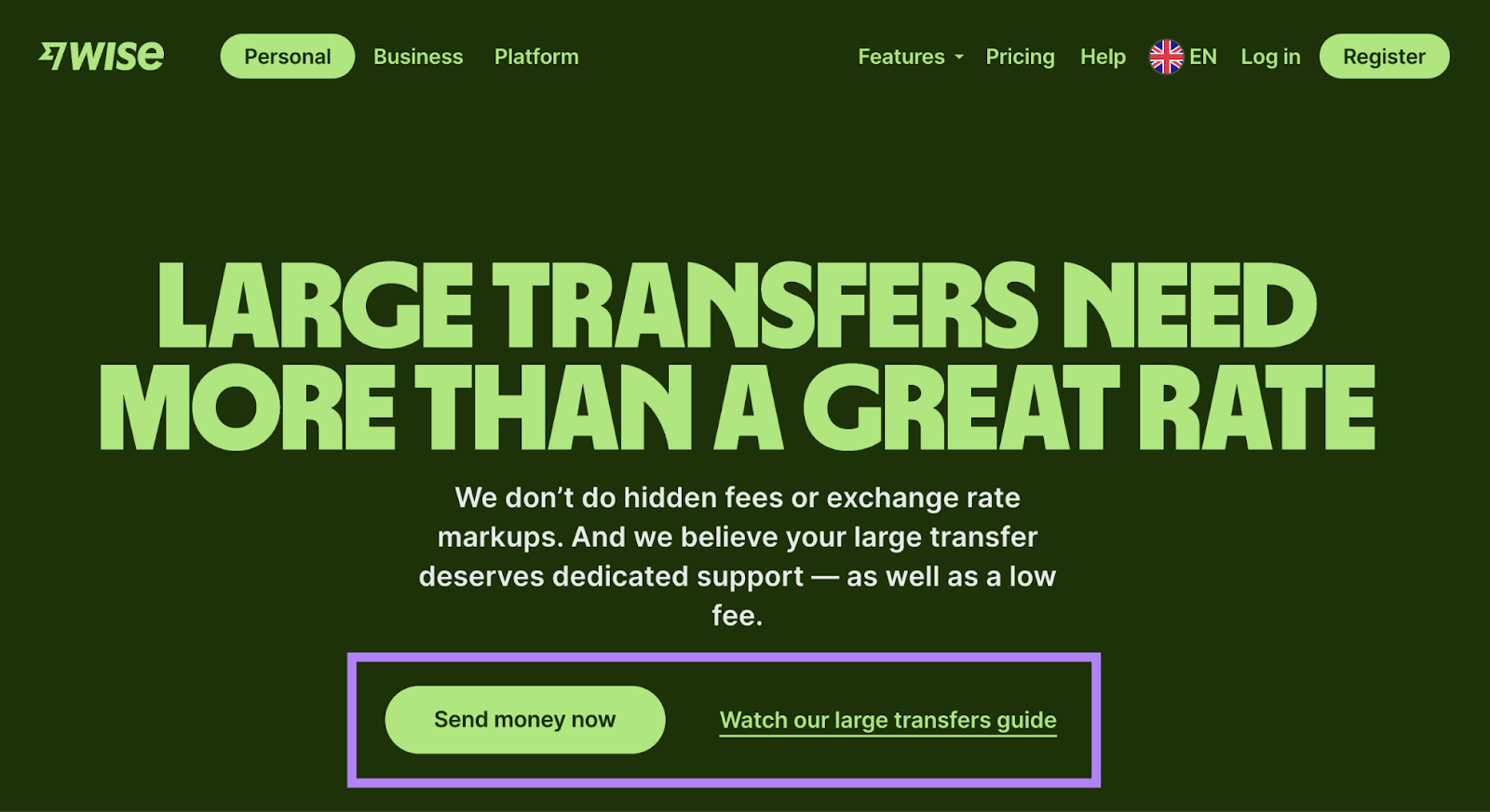 Wise's CTA button says "Send money now" or has a hyperlink option that says "Watch our large transfers guide"