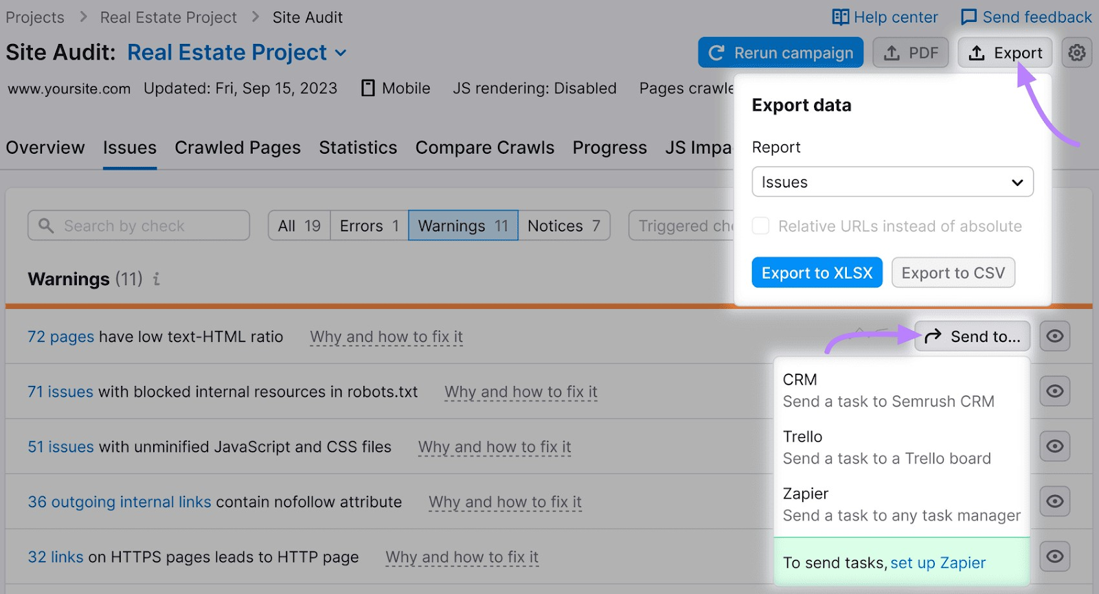 Export data from Site Audit tool