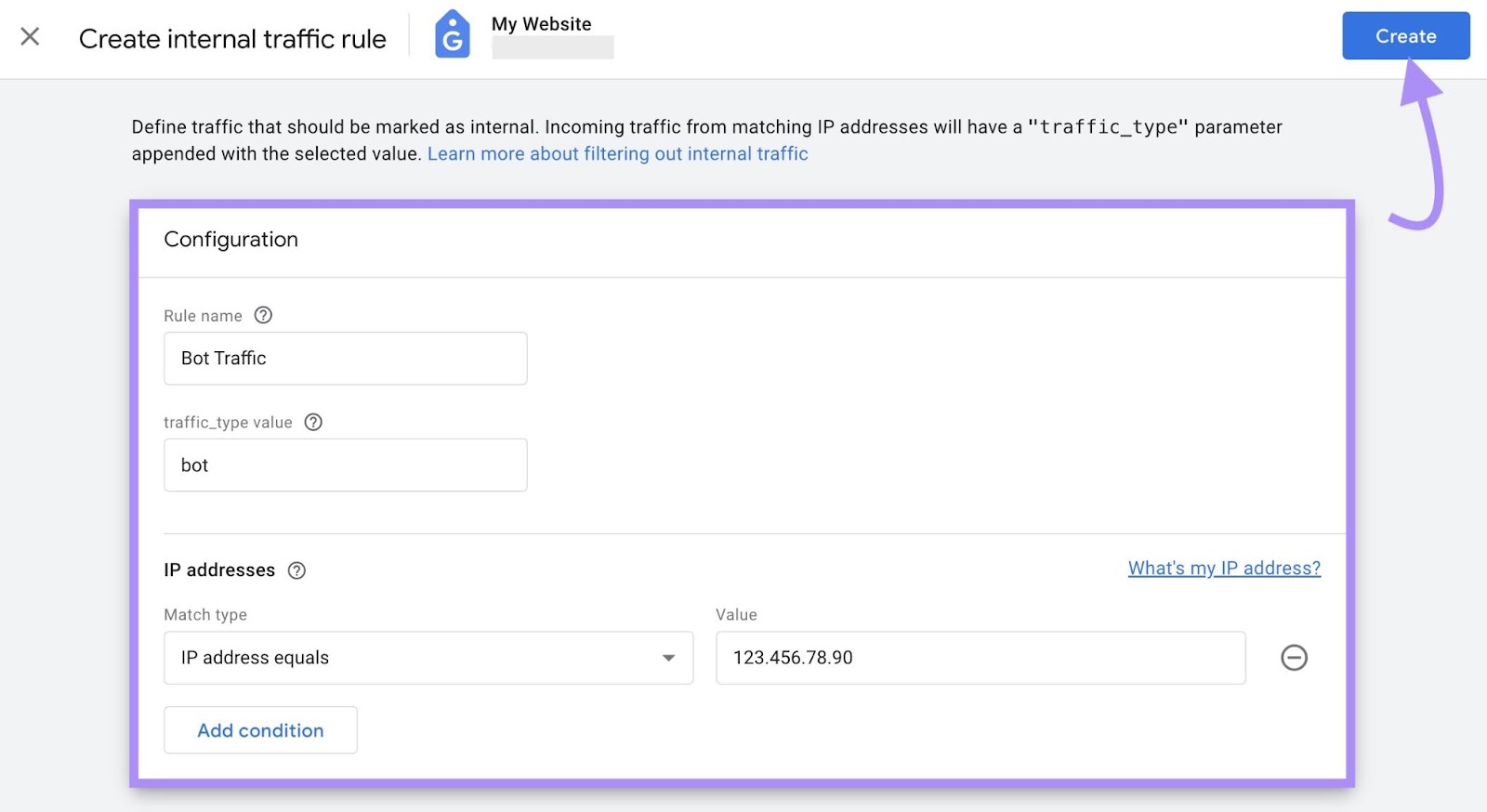 "Create internal traffic rule" settings page