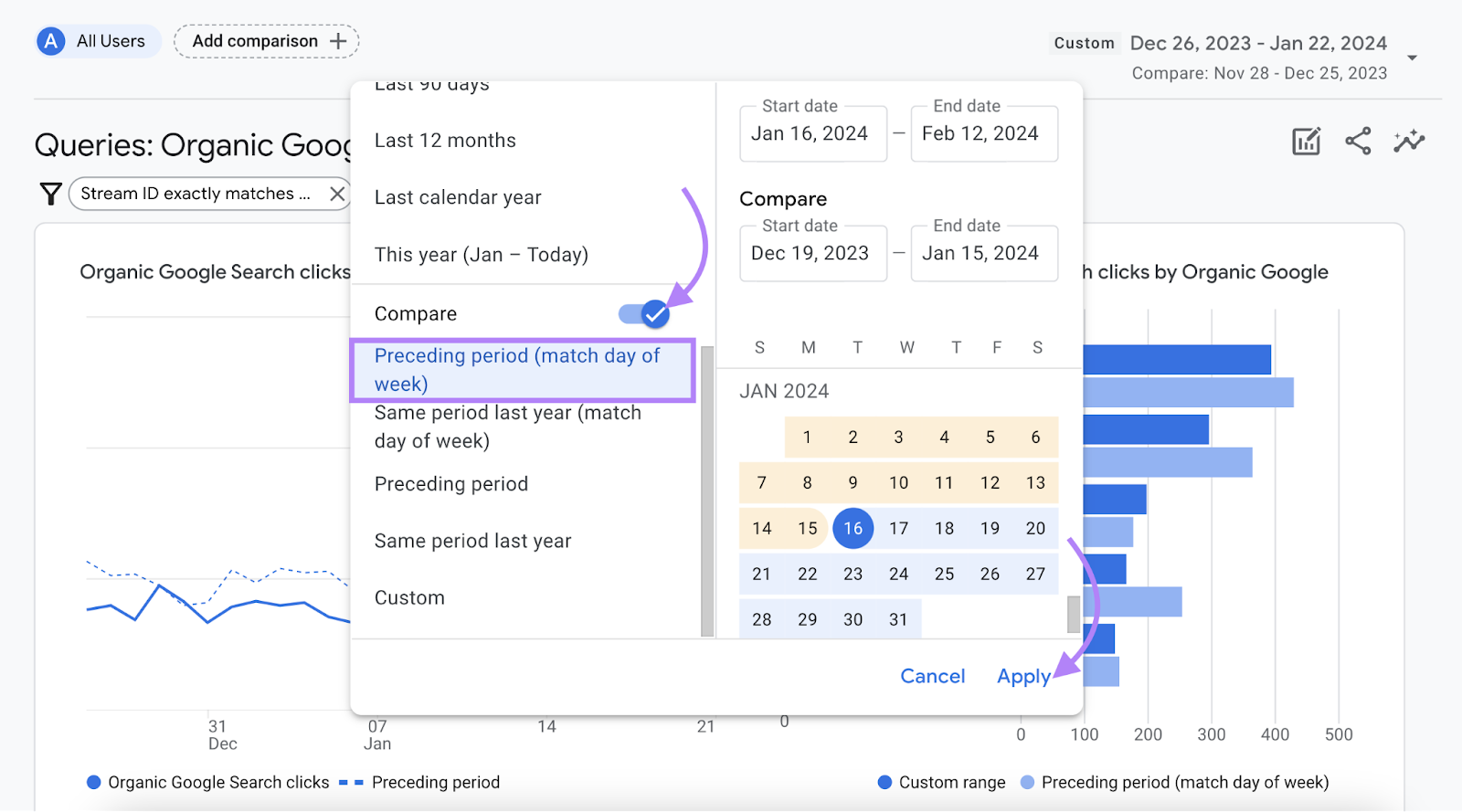 Setting the default comparison option under date range selector window