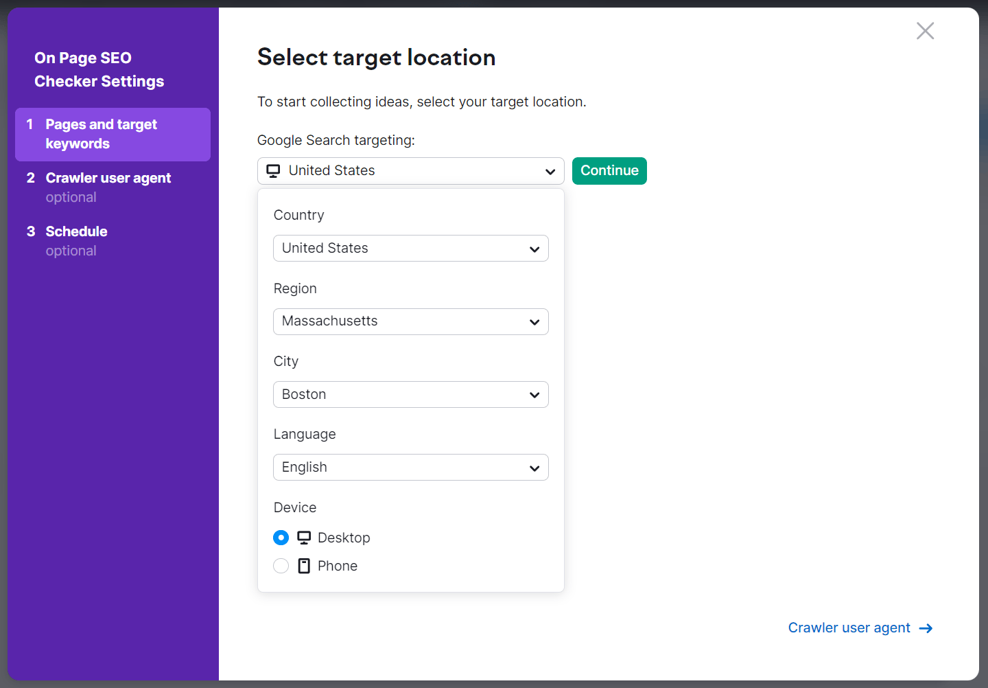 On Page SEO Checker settings configuration popup.