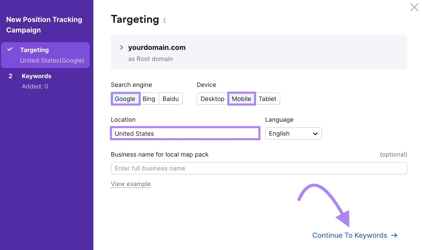 "Google" selected under search engine, and "Mobile" under device in Position Tracking tool settings