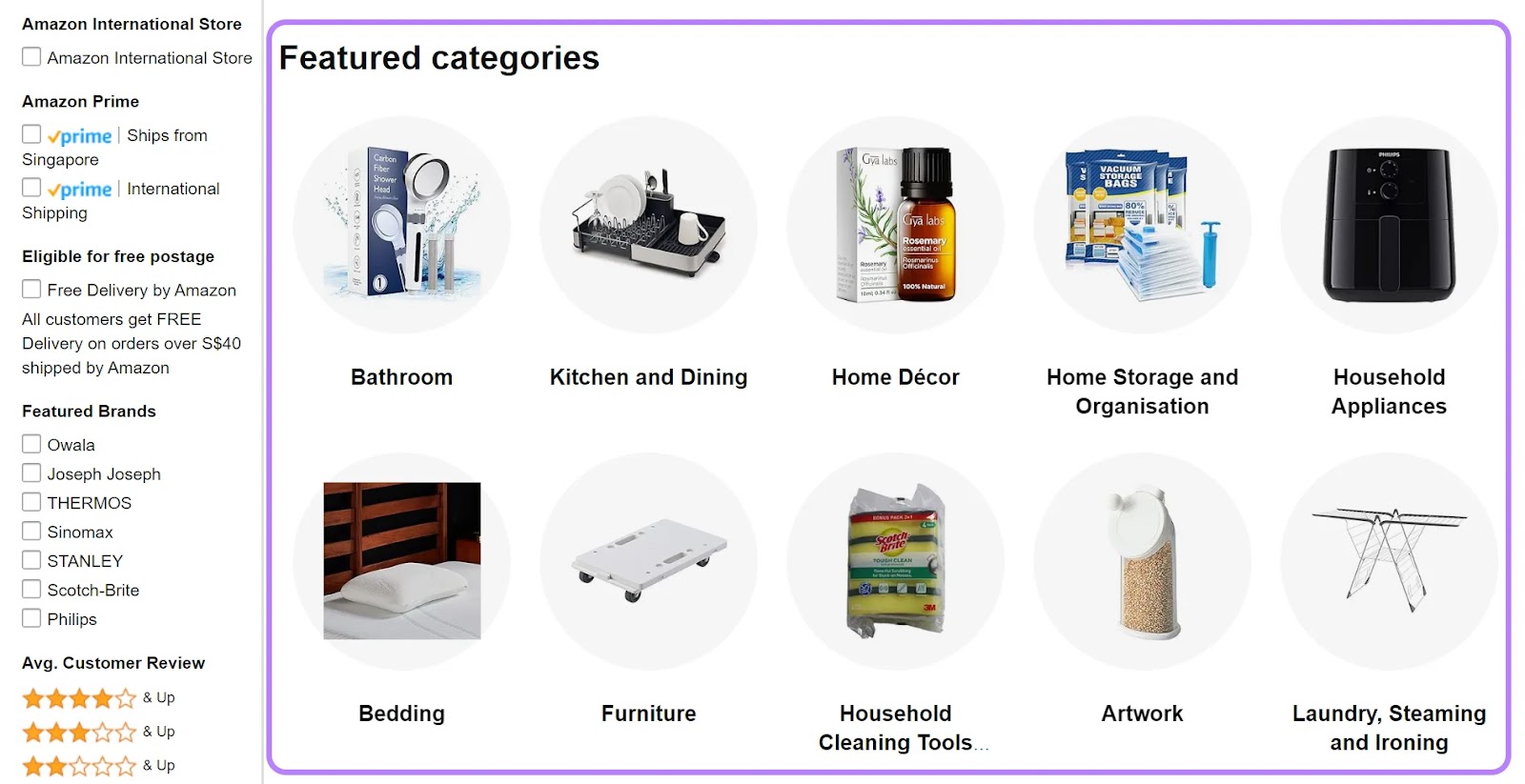 "Featured categories" section on Amazon's site