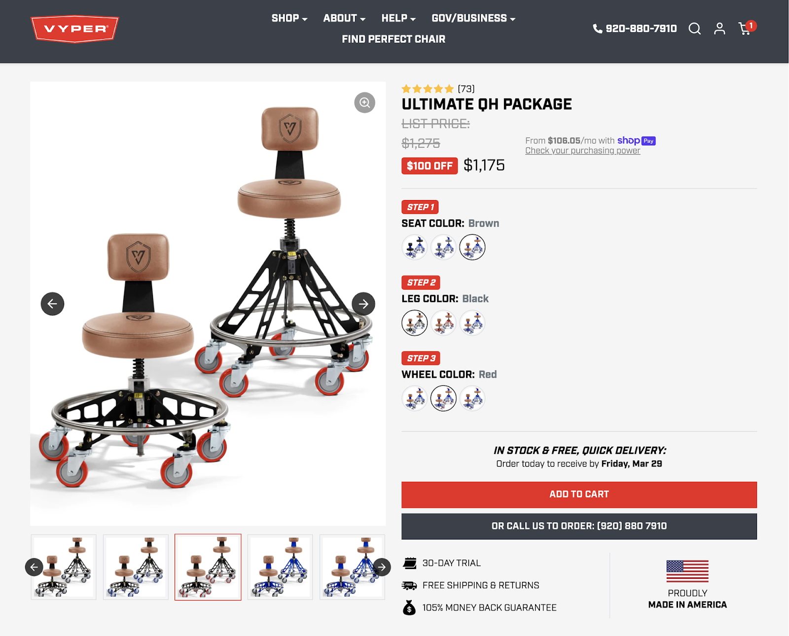 Vyper product page for the rolling chair from the ad, delivery date, availability, and shipping speed displayed