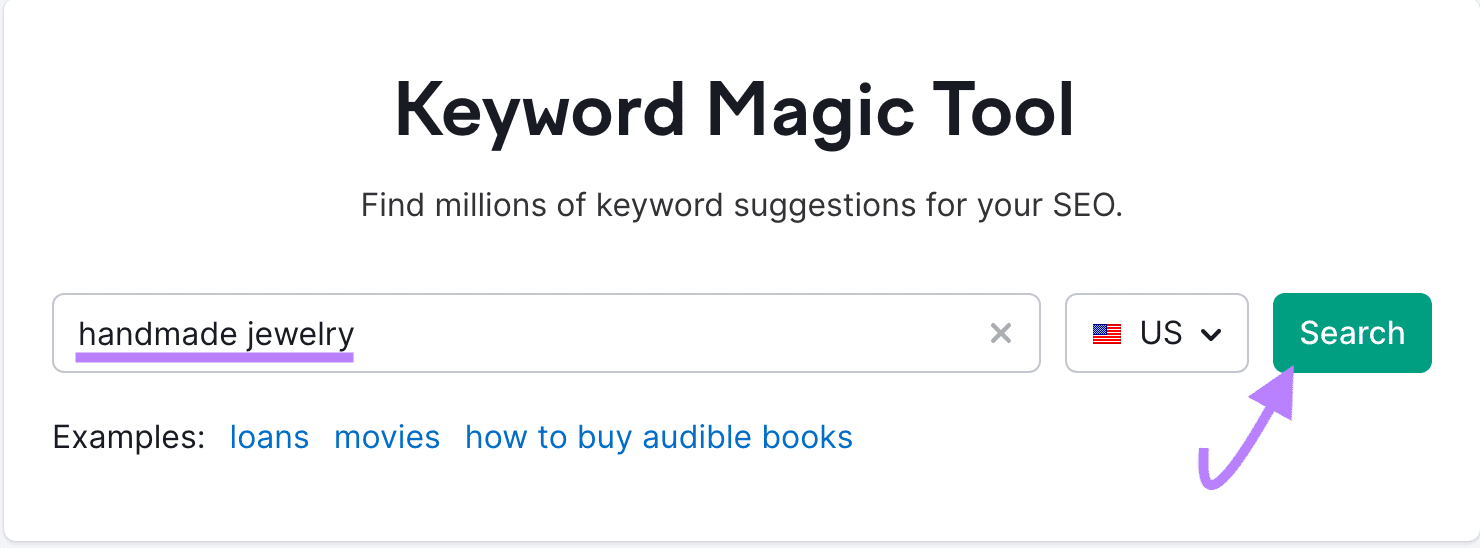 "handmade jewelry" entered into Keyword Magic Tool search bar