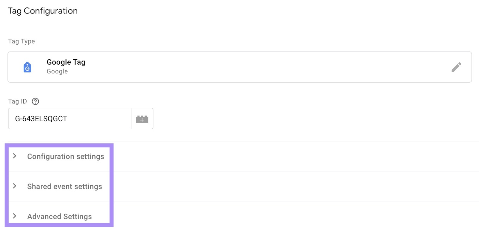 Tag’s configuration, shared event, and advanced settings