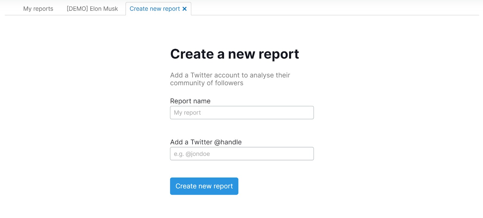 The Create a new report page.