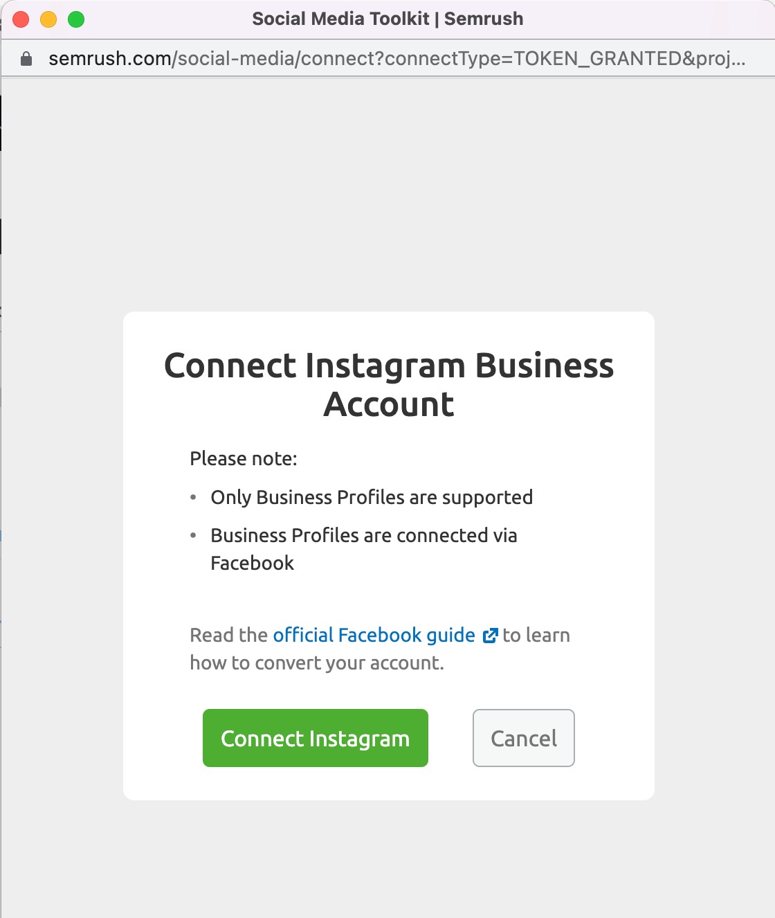 A pop-up window prompting a user to connect their Instagram Business account.