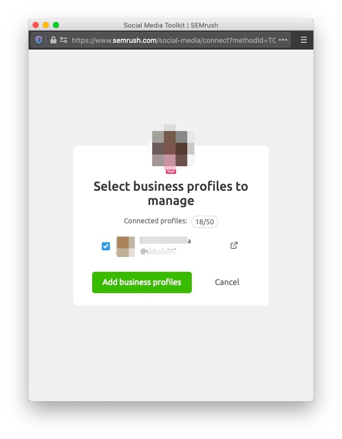 A prompt to select an Instagram Business profile from the list to manage in Social Analytics.