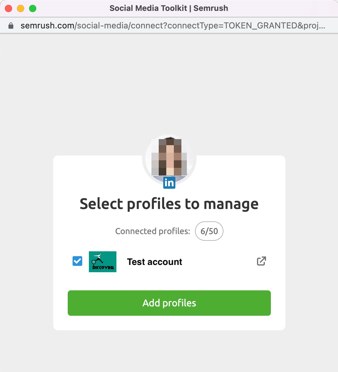 A prompt for a user to select a LinkedIn profile from the list to manage.