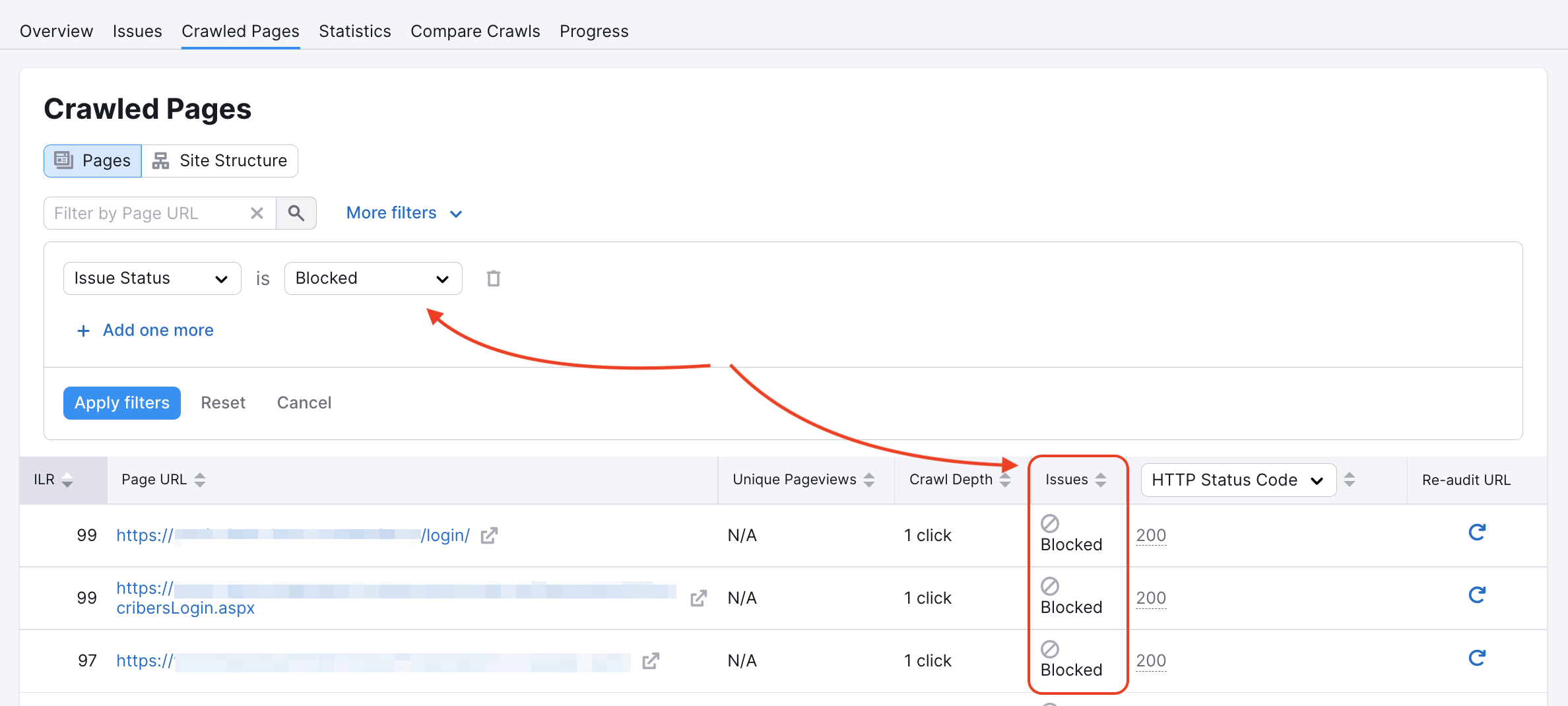 How to check if our crawler was blocked on some pages in the Crawled pages report.