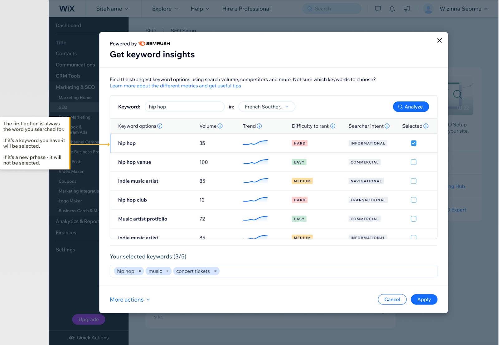 Keyword options and metrics