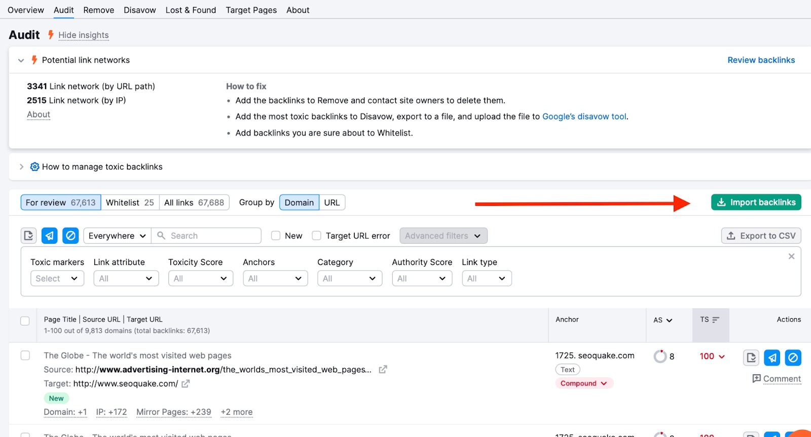 Audit tab in Backlink Audit. A red arrow is pointing to the green 'Import backlinks' button on the right side of the screen.