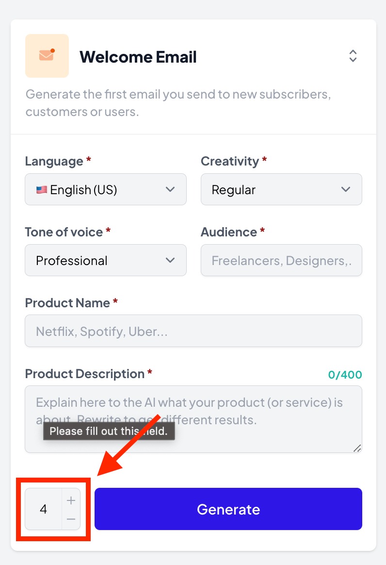 An example of the number of versions a user can select when completing the prompt in the AI Writing Assistant app.