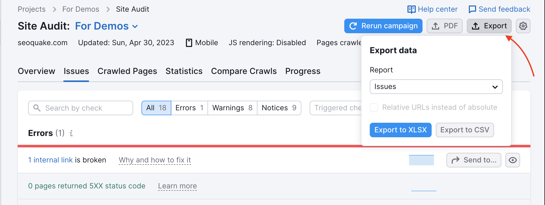 Issues report from Site Audit, demonstrating where to find the Export feature. Above the report, a red arrow is pointing at the Export button in the top right corner. Clicking on this button opens a dropdown menu with a desired report type, "Relative URLs instead of absolute" checkbox, and two buttons - Export to XLSX and Export to CSV.